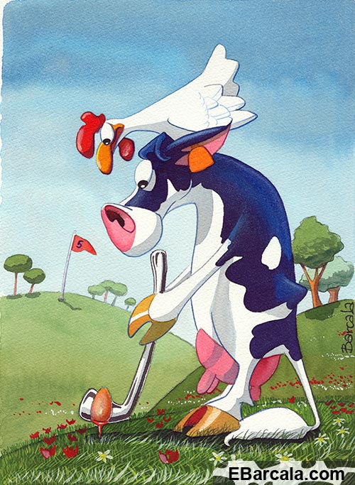 Vaca lechera revoltosa juega al golf con el huevo de la gallina.